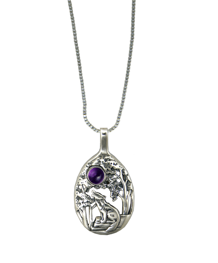 Sterling Silver Howling Wolf Pendant With Amethyst